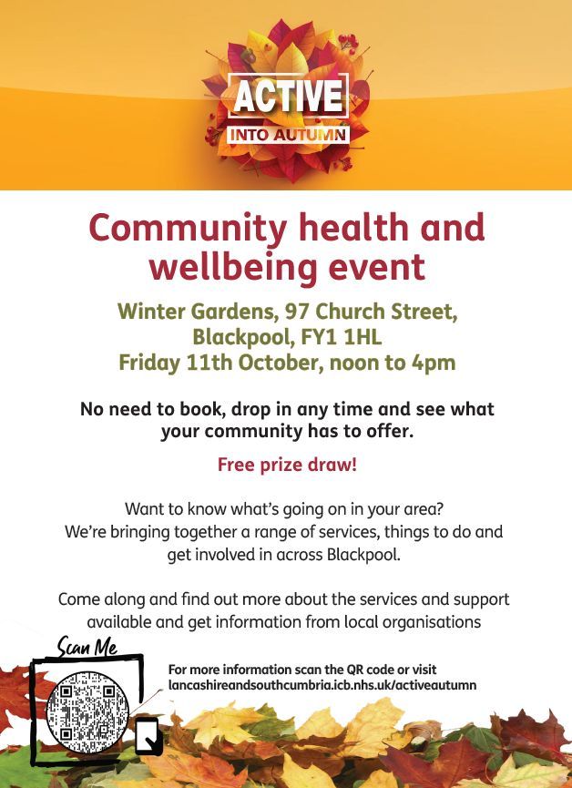 🍂 Active into Autumn 🍂 

The final community health and wellbeing event is taking place at the Winter Gardens today (Friday, 7 October) from 12-4pm. 

This is a free event for people to drop in and see what the community has to offer. 

More information: buff.ly/3zr6WRC