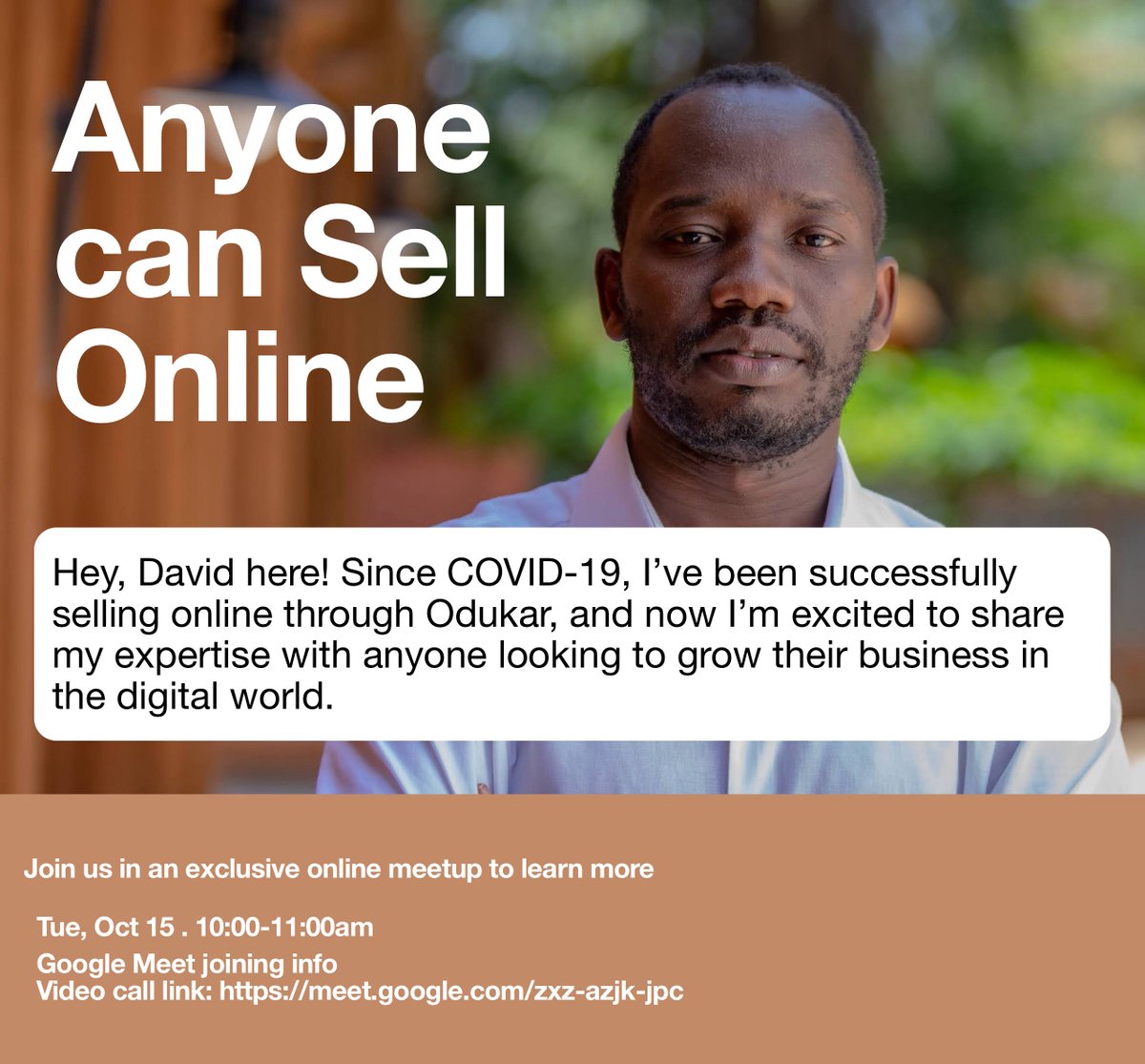 Anybody can sell online: Exploring Odukar e-commerce solutions
Tuesday, October 15 · 10:00 – 11:00am
Time zone: Africa/Nairobi
Google Meet joining info
Video call link: meet.google.com/zxz-azjk-jpc