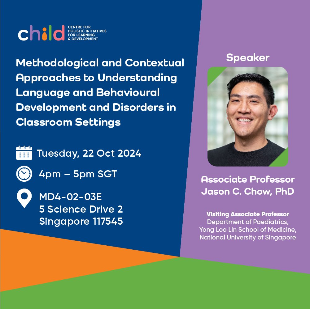 Curious about the link between language and behavioural development?

Date: 22 October 2024 (Tuesday)
Time: 4:00 PM – 5:00 PM (SGT)
Venue: MD4-02-03E| 5 Science Drive 2, 117545

Register for the seminar:
Online - nus-sg.zoom.us/webinar/regist…
In-Person – tiny.cc/CHILDSeminar