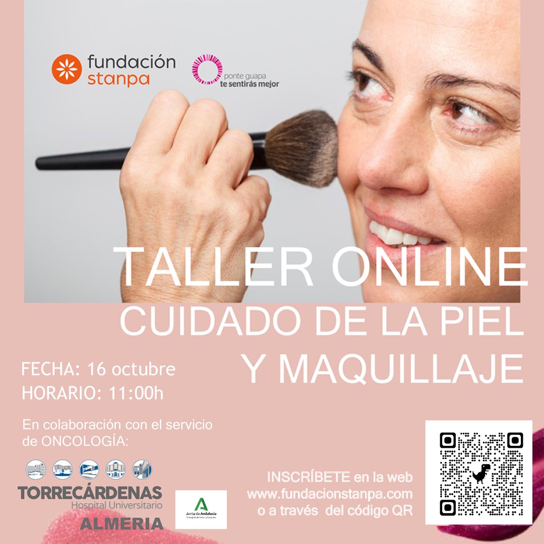 ✨ El próximo 16 de octubre tenemos nuevo taller sobre el cuidado de la piel y el maquillaje para pacientes de Oncología en colaboración con la <a href="/fundacionstanpa/">Fundación Stanpa</a>. 

✅ Inscríbete en el Código QR o en la web de la Fundación. 
<a href="/saludand/">Consejería de Salud y Consumo</a> <a href="/almeriajunta/">AlmeríaJunta</a>
