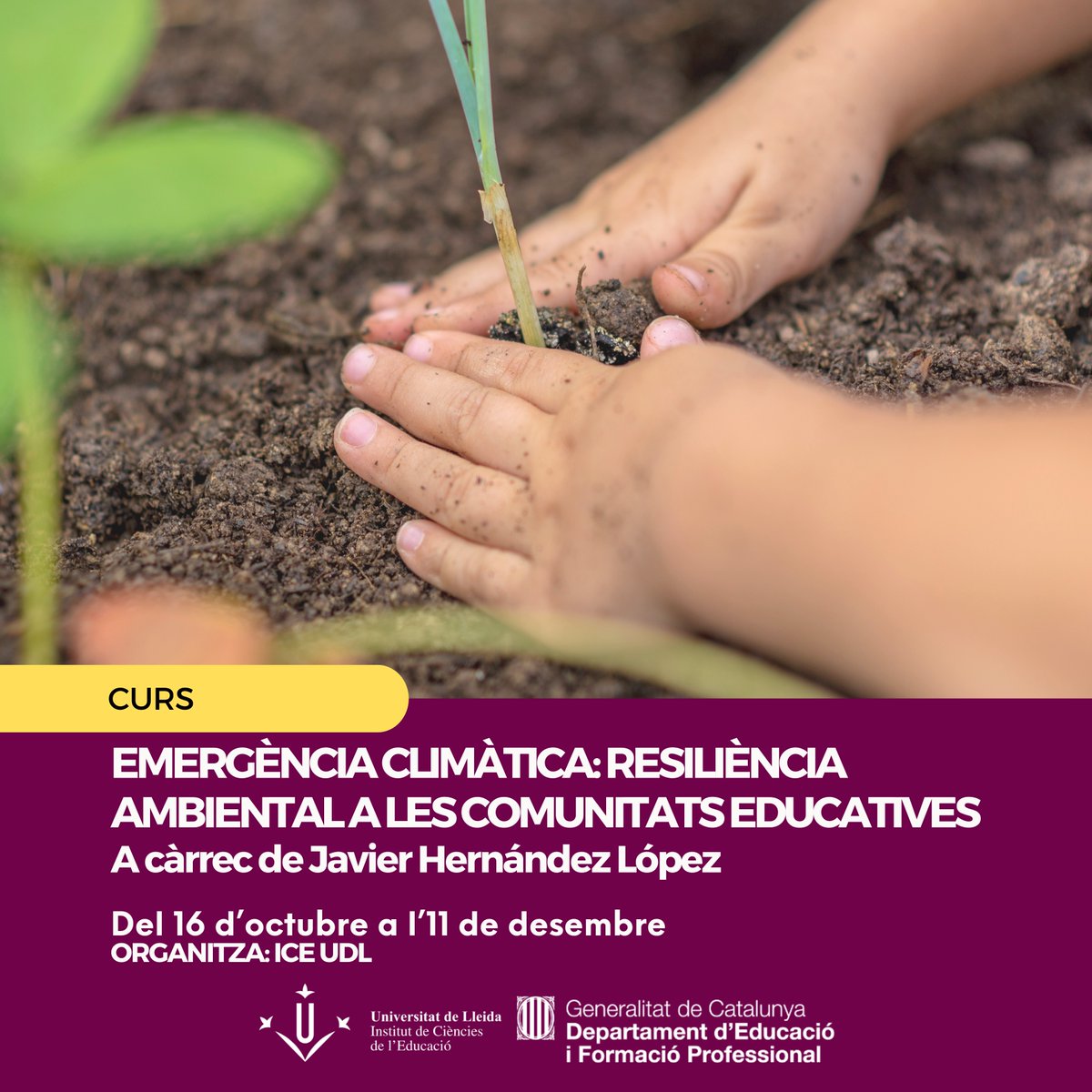 Curs d’emergència climàtica: resiliència ambiental a les comunitats educatives 🌱, en què farem un repàs de les situacions que es viuen arreu del planeta, quines eines i solucions s’estan aplicant i plantejarem quines respostes podem donar des dels diferents centres educatius ✨