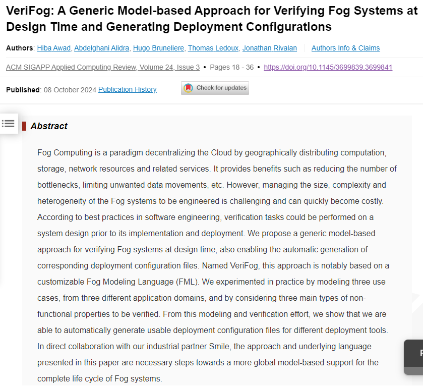 Hugo Bruneliere (@hugobruneliere) on Twitter photo Nice result from Hiba Awad's PhD work, a collaboration between <a href="/IMTAtlantique/">IMT Atlantique</a> - <a href="/Inria/">Inria</a> - LS2N/<a href="/CNRS/">CNRS 🌍</a> and <a href="/alterway/">Alter Way</a> - SMILE, funded by an industrial grant from <a href="/AgenceRecherche/">ANR - Agence nationale de la recherche</a> CIFRE.
👉 hal.science/hal-04727206
#ModelBasedEngineering #FogComputing <a href="/naomod_team/">Naomod</a> Nice result from Hiba Awad's PhD work, a collaboration between <a href="/IMTAtlantique/">IMT Atlantique</a> - <a href="/Inria/">Inria</a> - LS2N/<a href="/CNRS/">CNRS 🌍</a> and <a href="/alterway/">Alter Way</a> - SMILE, funded by an industrial grant from <a href="/AgenceRecherche/">ANR - Agence nationale de la recherche</a> CIFRE.
👉 hal.science/hal-04727206
#ModelBasedEngineering #FogComputing <a href="/naomod_team/">Naomod</a>