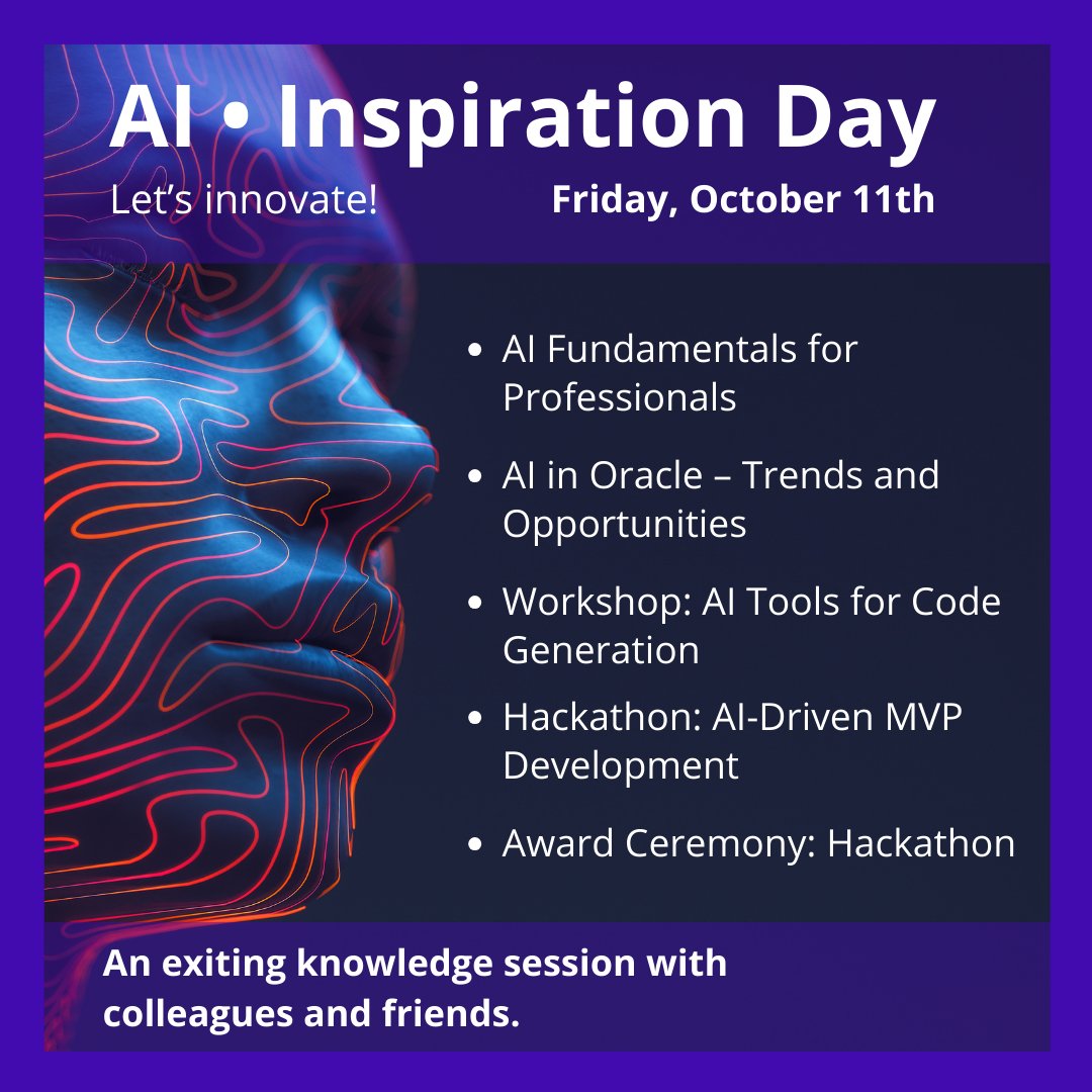 At SMART4Solutions, we're diving deep into AI! 📷 During our AI Inspiration Day, we'll explore AI tools, cover the fundamentals, and wrap up with a Mini-Hackathon, tailored for Oracle APEX developers. Let’s innovate! #AI #Orclapex #Tech