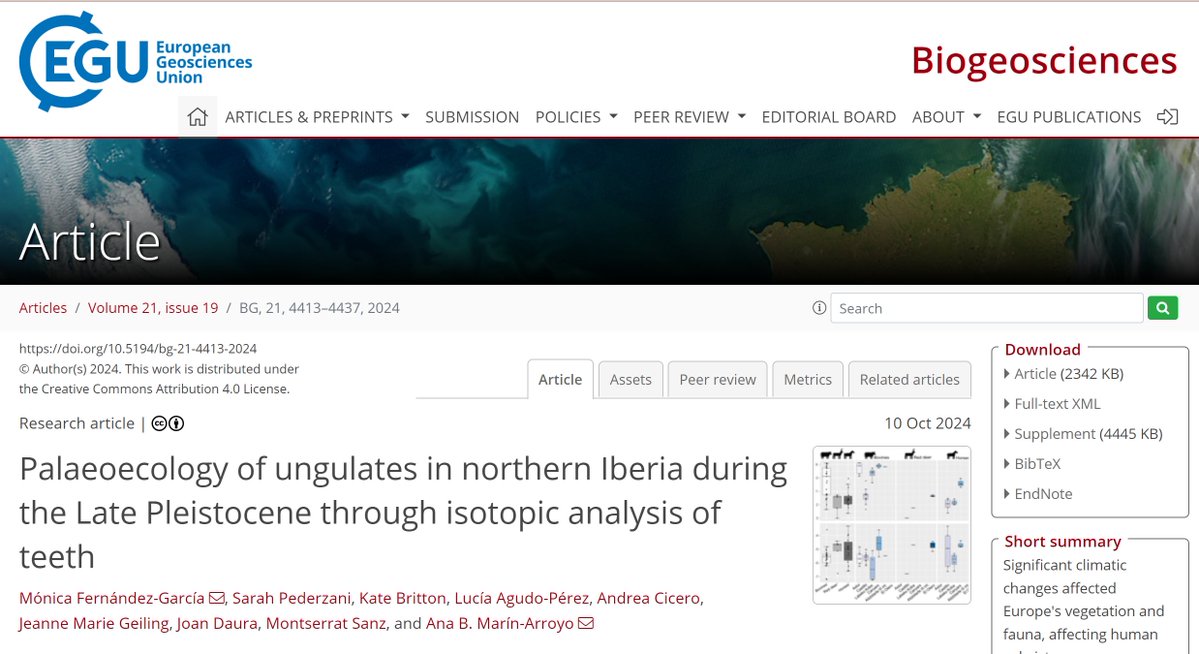 Mónica Fdez Garcia (@monicafdezgar) on Twitter photo 🚨Thrilled to announce our publication on stable isotope analysis of Pleistocene ungulates is finally out in <a href="/EGU_BioGeo/">Biogeosciences</a>!
We explore the Middle-to-Upper Palaeolithic transition in northern Iberia (and beyond!), shedding light on past dietary habits and climate shifts.🐎🦌🧪 🚨Thrilled to announce our publication on stable isotope analysis of Pleistocene ungulates is finally out in <a href="/EGU_BioGeo/">Biogeosciences</a>!
We explore the Middle-to-Upper Palaeolithic transition in northern Iberia (and beyond!), shedding light on past dietary habits and climate shifts.🐎🦌🧪