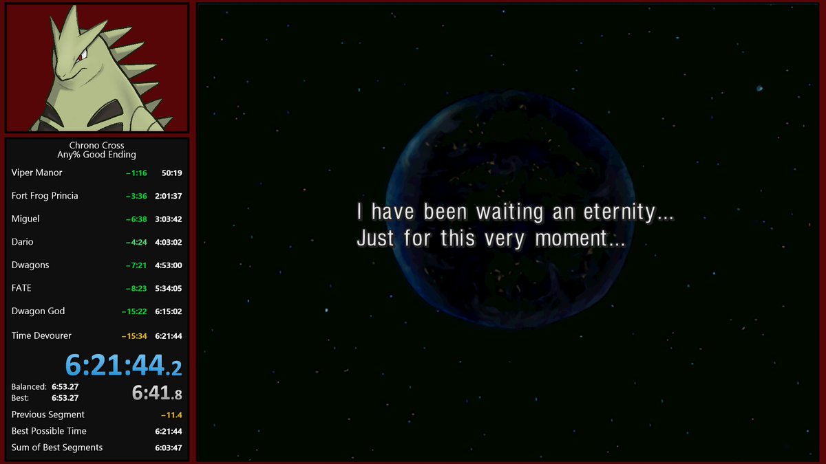 Finally have the time/energy to start working on Chrono Cross speedgaming and completed 2 runs so far! Not too bad given I'm still very new, looking to do a few more runs before I really invest in improving my general microing or so, but probably hoping for a sub 6 time to start~