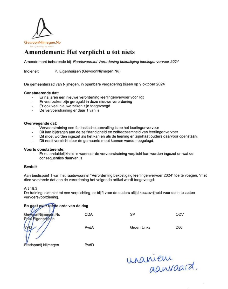 Leerlingen vervoer is een essentiële voorziening. Trainen van kinderen kan leiden tot een andere keuze van vervoer maar mag nooit leiden tot een verplichting. Met ons (unaniem aangenomen) amendement is dit vastgelegd. 

Dank voor alle steun!