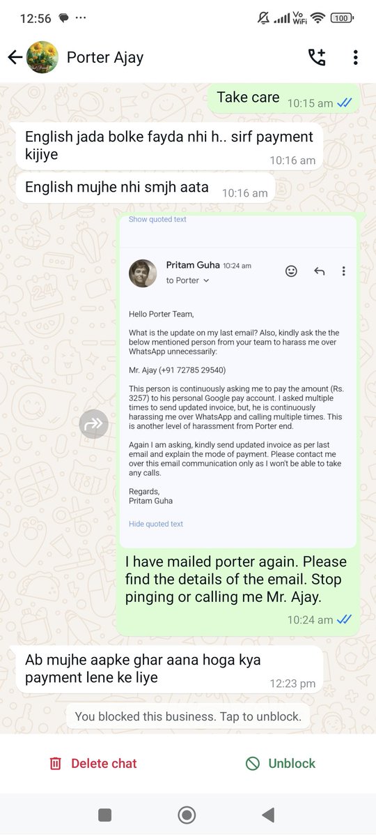 PritamG's tweet photo. @porterit_ After a very bad service, now porter partner is harassing us continuously and threatening us. Please resolve this issue. Porter support is also not responding to emails. We are unable to take calls for explaining same issue. https://t.co/rj8zyZuj0y