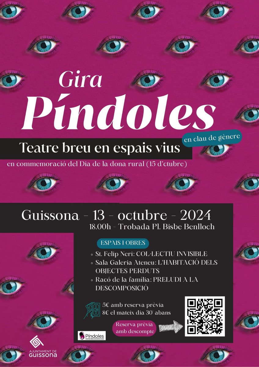 Ajuntament de Guissona (@ajguissona) on Twitter photo Diumenge PÍNDOLES, teatre breu en espais vius!
📆 13 d'octubre 2024
⏰ 18:00 h
📍 Plaça Bisbe Benlloch (inici)
⏺️ 5€ amb reserva prèvia - 8€ el mateix dia 30' abans de l'inici de les obres.
🎟️Entrades anticipades: app.mesacces.com/esdeveniment/5…
💜T'hi esperem! <a href="/PindolesFest/">Festival Píndoles</a> Diumenge PÍNDOLES, teatre breu en espais vius!
📆 13 d'octubre 2024
⏰ 18:00 h
📍 Plaça Bisbe Benlloch (inici)
⏺️ 5€ amb reserva prèvia - 8€ el mateix dia 30' abans de l'inici de les obres.
🎟️Entrades anticipades: app.mesacces.com/esdeveniment/5…
💜T'hi esperem! <a href="/PindolesFest/">Festival Píndoles</a>