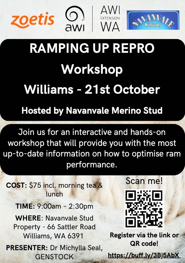Last chance to register for the Williams Ramping up Repro workshop on Monday 21 October hosted by Navanvale Merino Stud. Follow this link to register > buff.ly/3Bj5AbX 
Get in quick as only a few spots are left! Registrations close Monday. 
<a href="/woolinnovation/">Australian Wool Innovation</a> <a href="/MicGenstock/">Genstock WA</a>