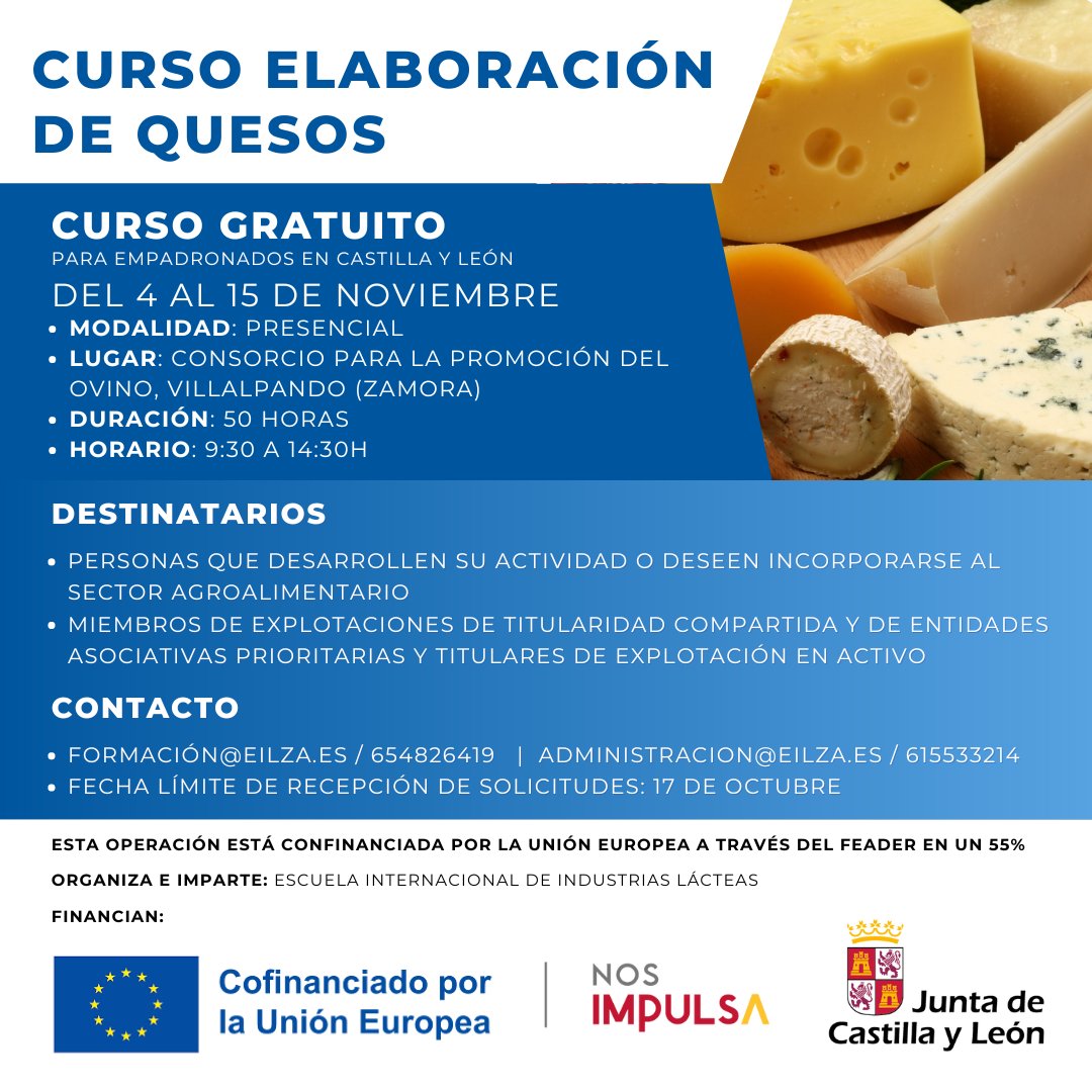 🧀🌟 ¡Descubre el secreto de los quesos en nuestro Curso Gratuito de Elaboración de Quesos!🌍 Curso respaldado por la Unión Europea y la Junta de Castilla y León.  Para más detalles y cómo inscribirte: 📧 administracion@eilza.es📞 654826419 | 615533214 #EILZA #CastillaYLeon