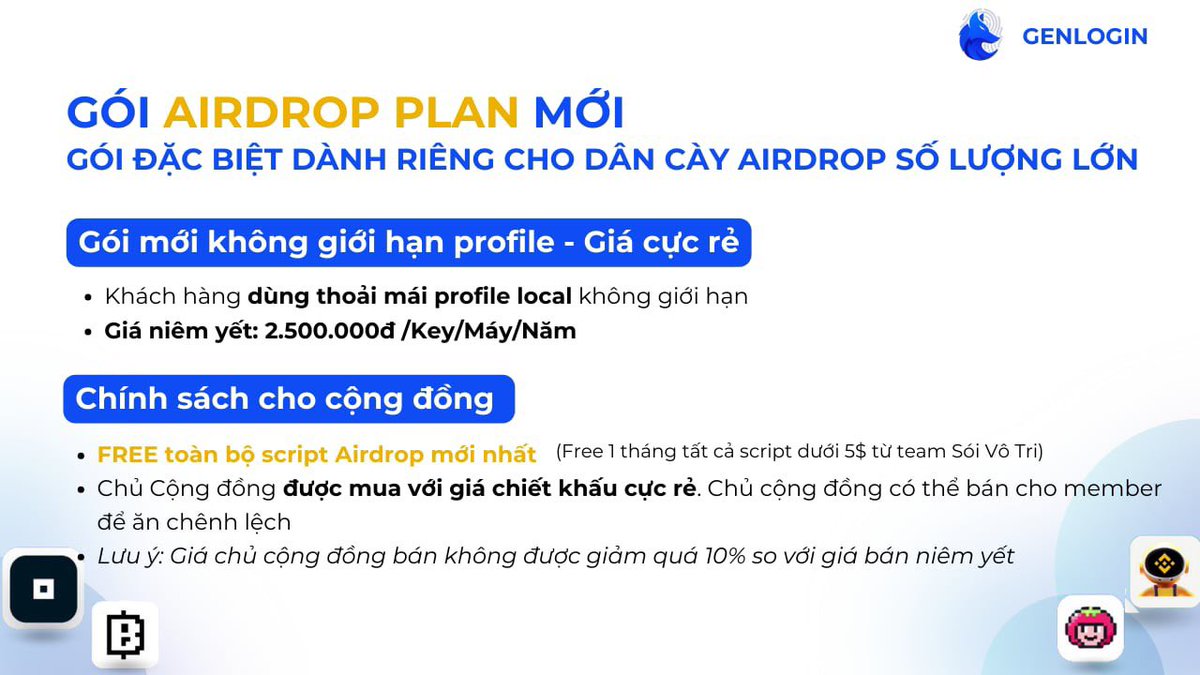 Trong_Hatachi's tweet photo. Có gói lẻ cho anh em dễ chọn
✅Genlogin có ưu đãi cho cộng đồng Trong_Hatachi
🌠Tên gói: Airdrop Plan
✔️Giá: 2,25 tr
📌Rẻ hơn giá niêm yết 10%
Ai cầm thì liên hệ nhé!
@trong_hatachi
🎥 Video chi tiết về gói: https://t.co/3vYWERxdVB
#Genlogin https://t.co/8yc8yHJOys