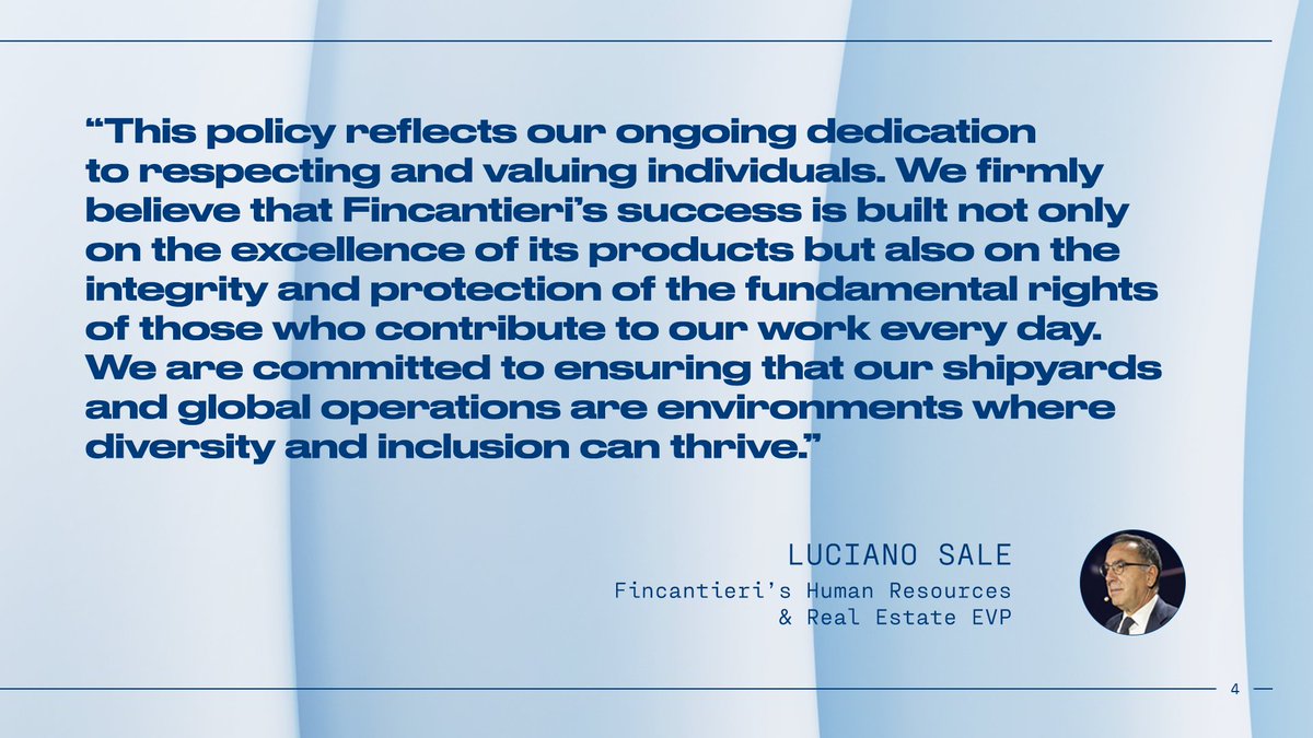 Fincantieri's tweet photo. New #HumanRightsPolicy for #Fincantieri, to reinforce our dedication to protect human rights and promote diversity. An update to further embed this core value into our strategic framework, in full compliance with the highest ethical and legal standards.
#FutureOnBoard #DEI https://t.co/ey1R9prSrU