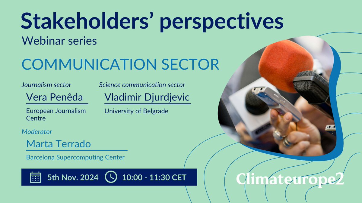 Climateurope2 (@climateurope2) on Twitter photo 🎙️Join us on Nov 5 (10:00-11:30 CET) for the next #StakeholdersCE2 webinar!
We'll explore how communicators handle #ClimateData with <a href="/verapeneda/">Vera Penêda</a> | Vladimir Djurdjevic | <a href="/martaterrado/">marta terrado</a>
✅ Challenges, best practices & the role of standardization: zoom.us/webinar/regist… 🎙️Join us on Nov 5 (10:00-11:30 CET) for the next #StakeholdersCE2 webinar!
We'll explore how communicators handle #ClimateData with <a href="/verapeneda/">Vera Penêda</a> | Vladimir Djurdjevic | <a href="/martaterrado/">marta terrado</a>
✅ Challenges, best practices & the role of standardization: zoom.us/webinar/regist…