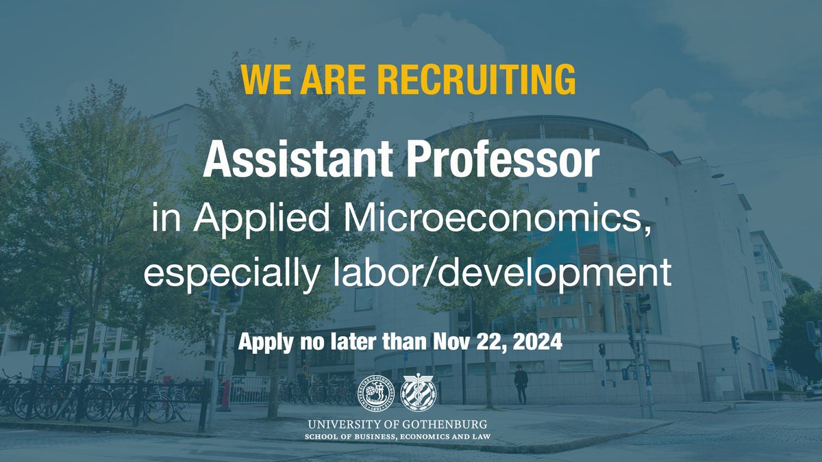 Department of Economics, University of Gothenburg (@econgu) on Twitter photo Join us! The Department of Economics at the University of Gothenburg <a href="/goteborgsuni/">Göteborgs universitet / University of Gothenburg</a> invites applications for an Assistant Professor in Applied #Microeconomics, especially #Labor/#Development. Start: Sept 2025. Apply by Nov 22! #econtwitter #EconJobMarket
econjobmarket.org/positions/10978 Join us! The Department of Economics at the University of Gothenburg <a href="/goteborgsuni/">Göteborgs universitet / University of Gothenburg</a> invites applications for an Assistant Professor in Applied #Microeconomics, especially #Labor/#Development. Start: Sept 2025. Apply by Nov 22! #econtwitter #EconJobMarket
econjobmarket.org/positions/10978