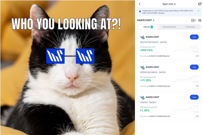 NAWS_Official's tweet photo. ๐จ NAWS on the grid, crushing it with style! ๐
๐The cat's not just curiousโit's killing it! ๐ฑ
๐ธAPR up to 890%
in short-term grid trading for NAWS/USDT! ๐ฅ
Trade: https://t.co/ssacfCd8jc
#NAWS #CryptoGrid #APRBoost #TradingGoals #CatVibes #HODL #CryptoMemes #GateioStartup #gateio #startup #AI #DePIN