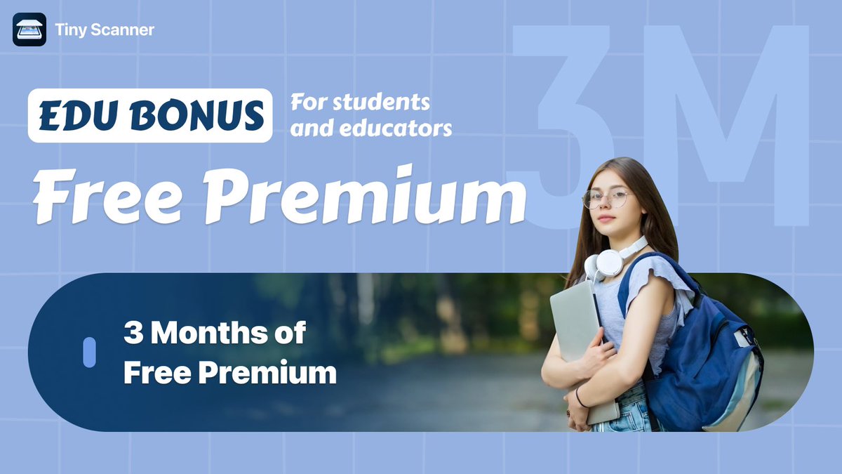 TinyScanner_app's tweet image. We’re now excited to offer 3 months of Free Premium for all students and educators. Here is how:
1. Download Tiny Scanner in App Store or Google Play
2. Open Tiny Scanner &amp;gt; Me &amp;gt; EDU BONUS.
3. Enter your EDU email to receive the bonus!

#scannerapp #students #school