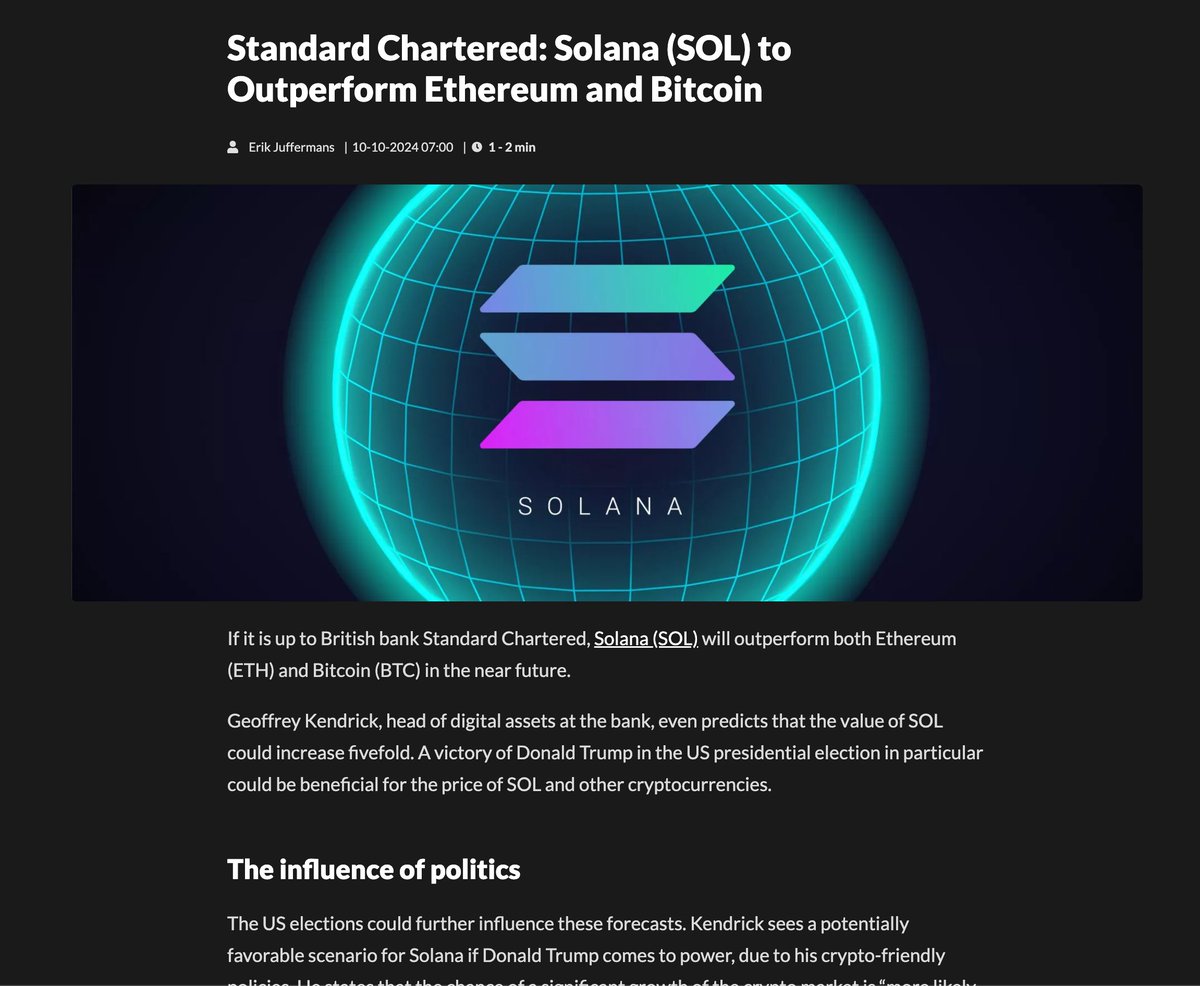 Standard Chartered @StanChart says #Solana ($SOL) to Outperform #Ethereum  and #Bitcoin https://t.co/hDfIjLgXQN