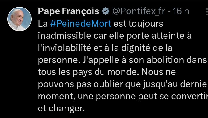 luckybasianga's tweet photo. @Pontifex_fr 
Le Tweet du Pape François de ce Jeudi 10 octobre 2024 , à l'occasion de la 22ᵉ Journée mondiale contre la peine de mort. https://t.co/aJo9T3WMJJ