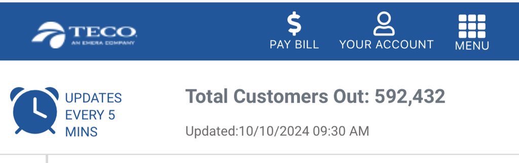cat26345's tweet photo. @TampaElectric According to your outage map this is false. More like 30,000 https://t.co/ahtmQF8eMO