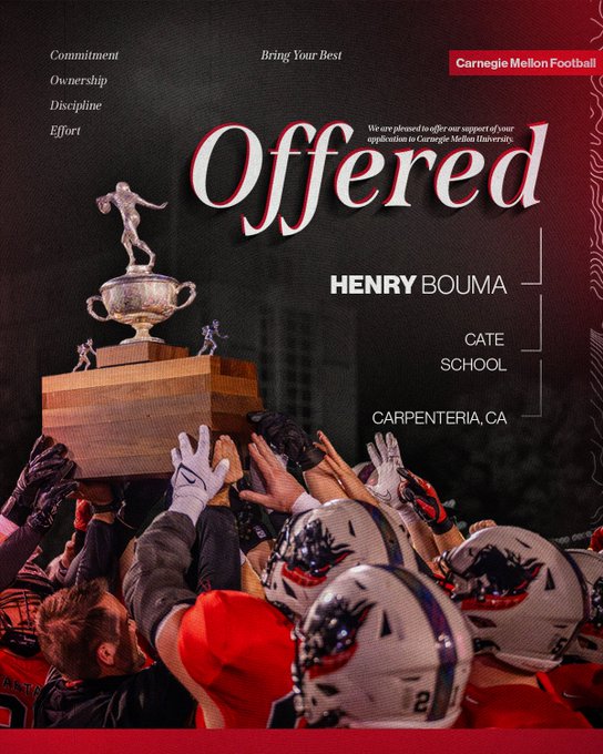 Excited to announce that I’ve received an offer from Carnegie Mellon University! Thanks to <a href="/CoachGibboney/">Coach Gibboney</a> for working with me!! <a href="/CoachRyanLarsen/">Ryan Larsen</a> <a href="/RaulMontalvo_/">Carmelo R. Montalvo</a> <a href="/CoachAndyHelms/">Andy Helms</a> <a href="/coachfloppy/">Jeff Simmons</a> <a href="/TartanFB/">Carnegie Mellon Football</a>