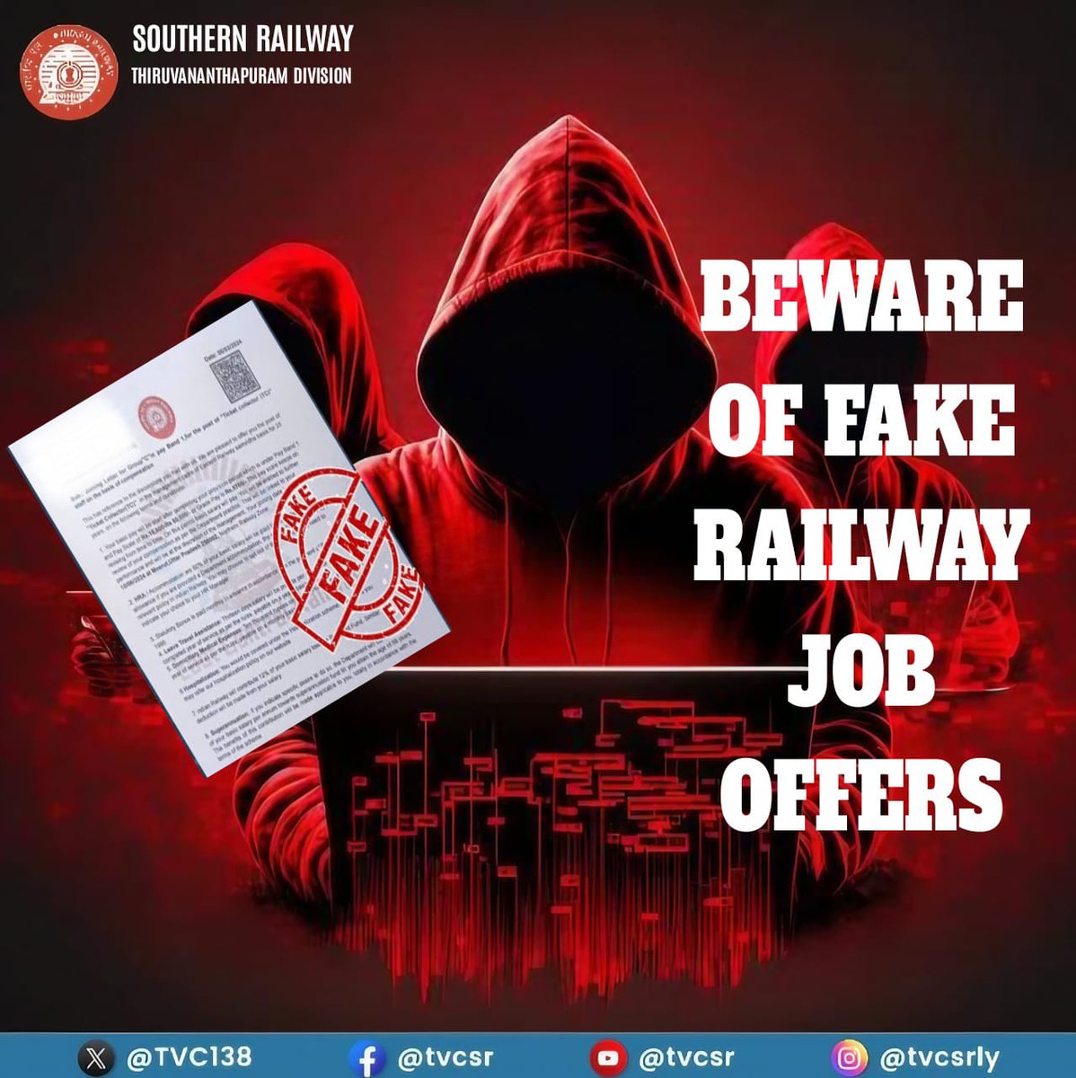 drm_tvc's tweet photo. 🚨 Beware of #FakeRailwayJob Offers! 🚨
Scammers are spreading false job notifications, luring people with fake promises. All #Rlys job openings are announced only via official websites like RRB & verified social media handles. Only apply through trusted sources. #SouthernRly https://t.co/ICHnCpzf80