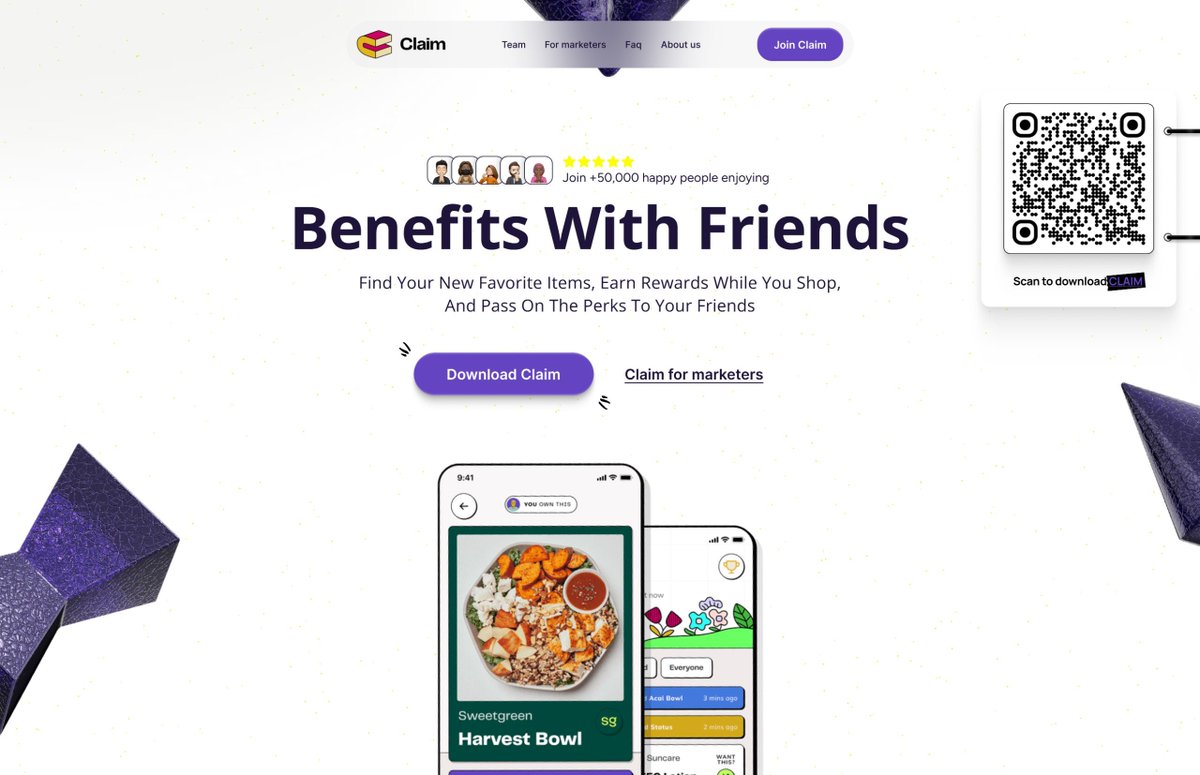 Before → After

<a href="/claim/">Claim</a>

- Removed the “featured on” Logos (98% of users don't care)

- Added social proof.

- Cleaner and more aligned Interface.

- Added a QR code for desktop vistors only.
Why:

- Reducing the friction from 7-9 steps before downloading the app to only 3 steps.