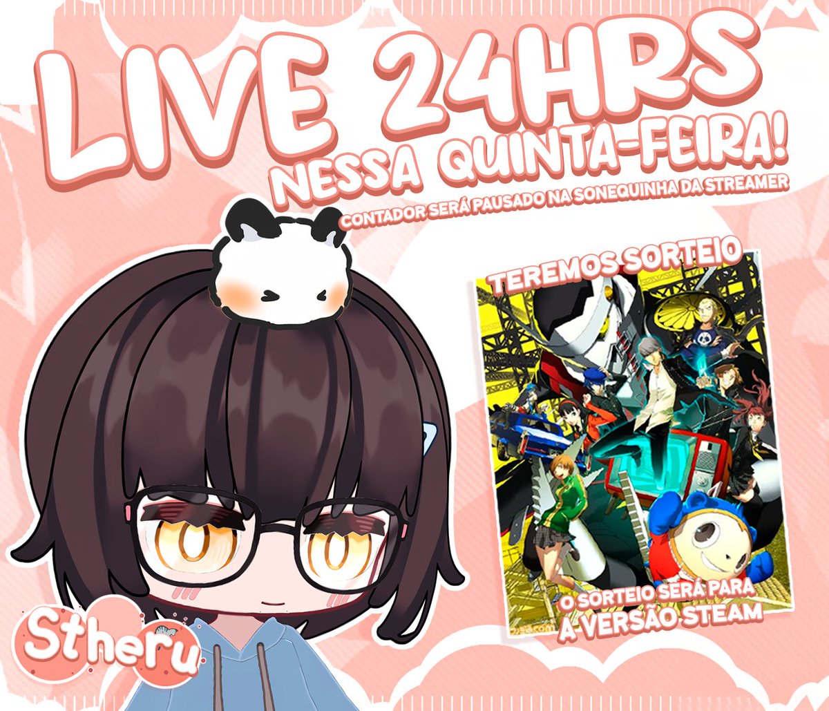 stheru_tk's tweet photo. Boa noitee hoje começa a live de 24h em agradecimento aos 1k de follows!!

Amanha nessa mesma live teremos o sorteio de uma copia da versão de steam do Persona 4 Golden! Estão todos convidado.

#vtuber #vtuberbr #Persona4Golden https://t.co/PLj6wjmg5C