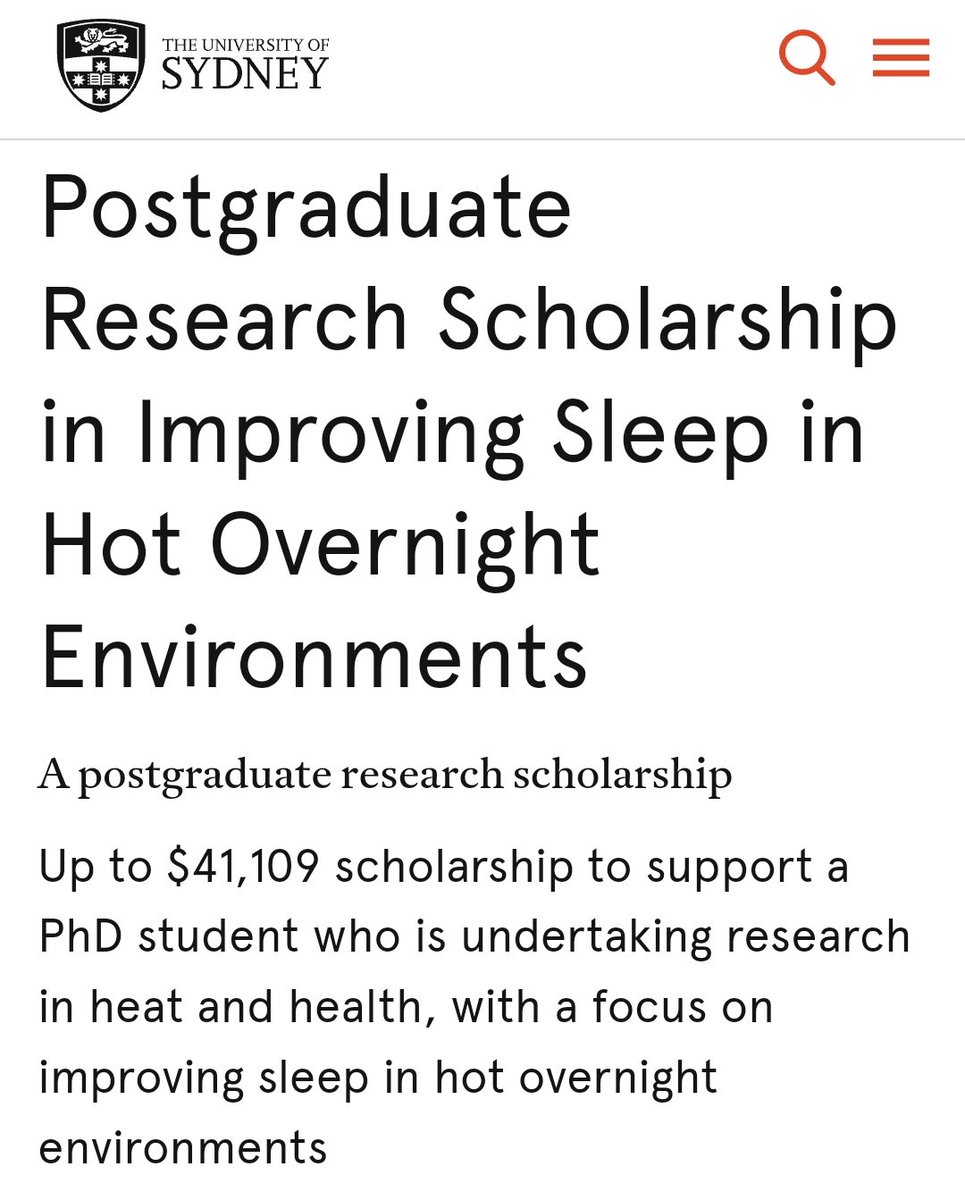 Yorgi Mavros (@dryorgimavros) on Twitter photo I have a fully-funded PhD scholarship ($40k per annum for 3.5 years) to work on a NHMRC funded project in the Heat and Health Research Center <a href="/HeatHealth_USYD/">Heat and Health Research Incubator</a> looking at ways to sleep in hot overnight conditions.
Please apply here: sydney.edu.au/scholarships/c… I have a fully-funded PhD scholarship ($40k per annum for 3.5 years) to work on a NHMRC funded project in the Heat and Health Research Center <a href="/HeatHealth_USYD/">Heat and Health Research Incubator</a> looking at ways to sleep in hot overnight conditions.
Please apply here: sydney.edu.au/scholarships/c…