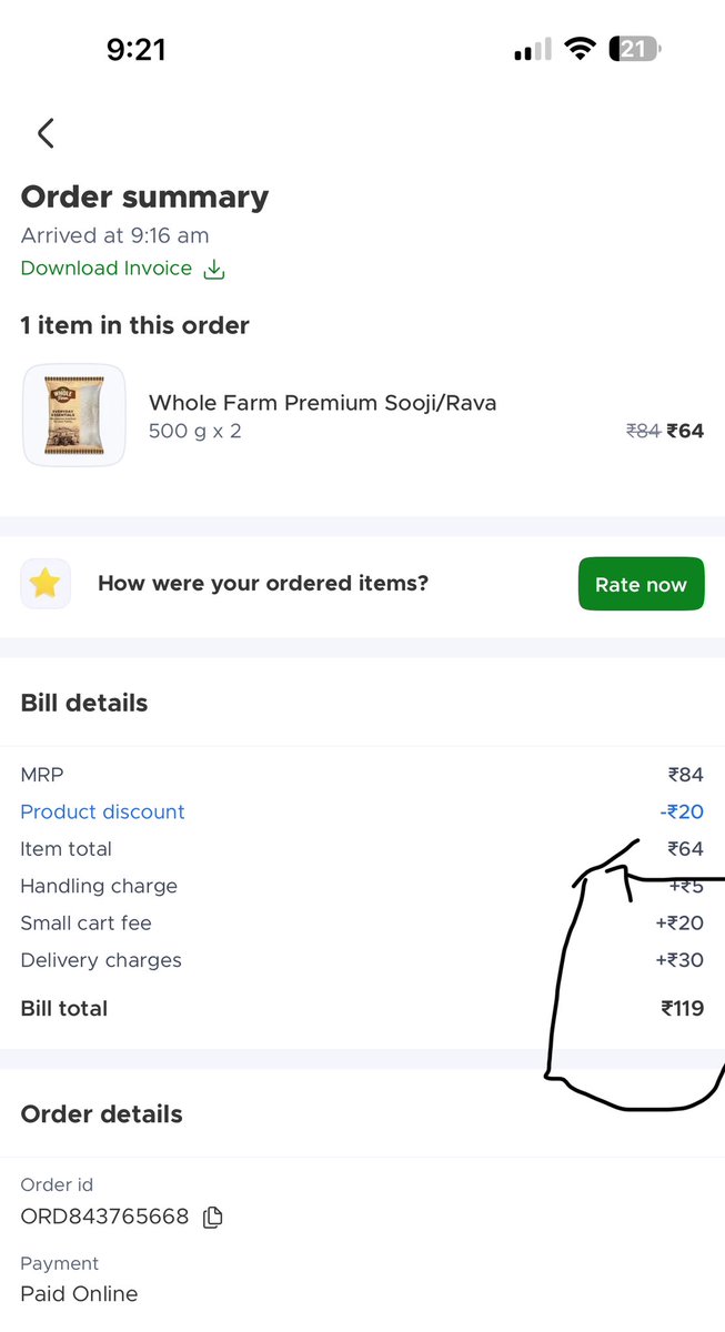 pandey_ims's tweet photo. I ordered rava packets price of 64 and i paid 119 rupees because of additional charges .  is this how a multi million company is created ? Same story with zomato, sometimes additional charges are more than order value. @letsblinkit @zomato @zomatocare @ndtv https://t.co/dPMvC4DotI