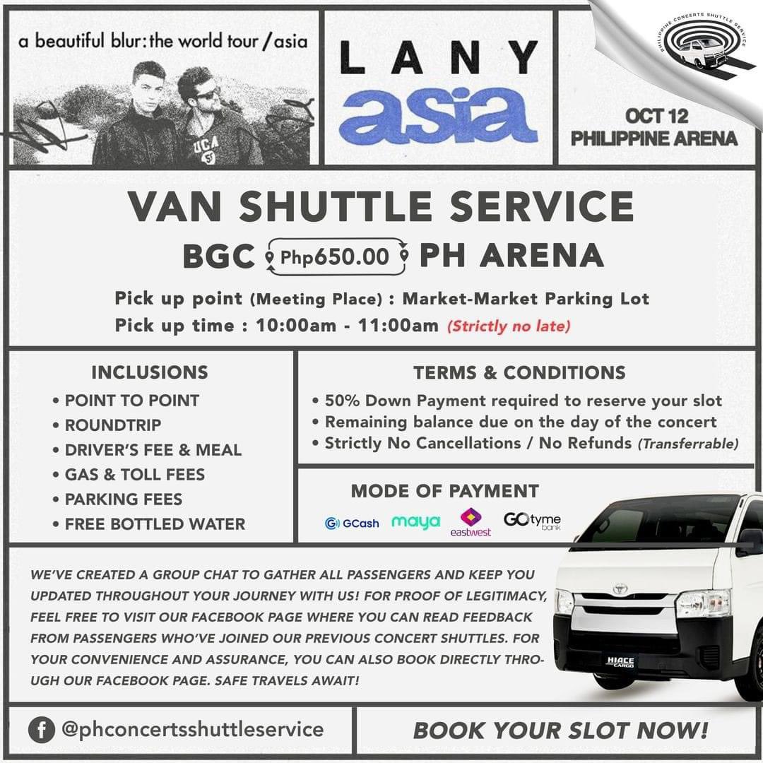IMJSTNDM's tweet photo. @forericsohn_ Hi, We have available carpool / vanpool shuttle service.

BGC <-> PH Arena 
650.00 (Roundtrip)

Book with us! ✨ Check our FB page for legitimacy and more details: @Philippine Concerts Shuttle Service

💫PM us for your Slot Reservation! 💫 https://t.co/czUnE6k8Rb