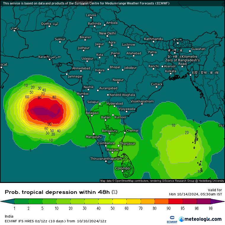 smkirthiga's tweet photo. Oct 11: The Low in Arabian sea has high probability of becoming Depression in coming hours. Under the influence, we can expect moderate -heavy rains in Kerala, Karnataka, Maharashtra. Parts of TN, Andhra Gujarat can receive considerable rains. https://t.co/dmEPwWEosG