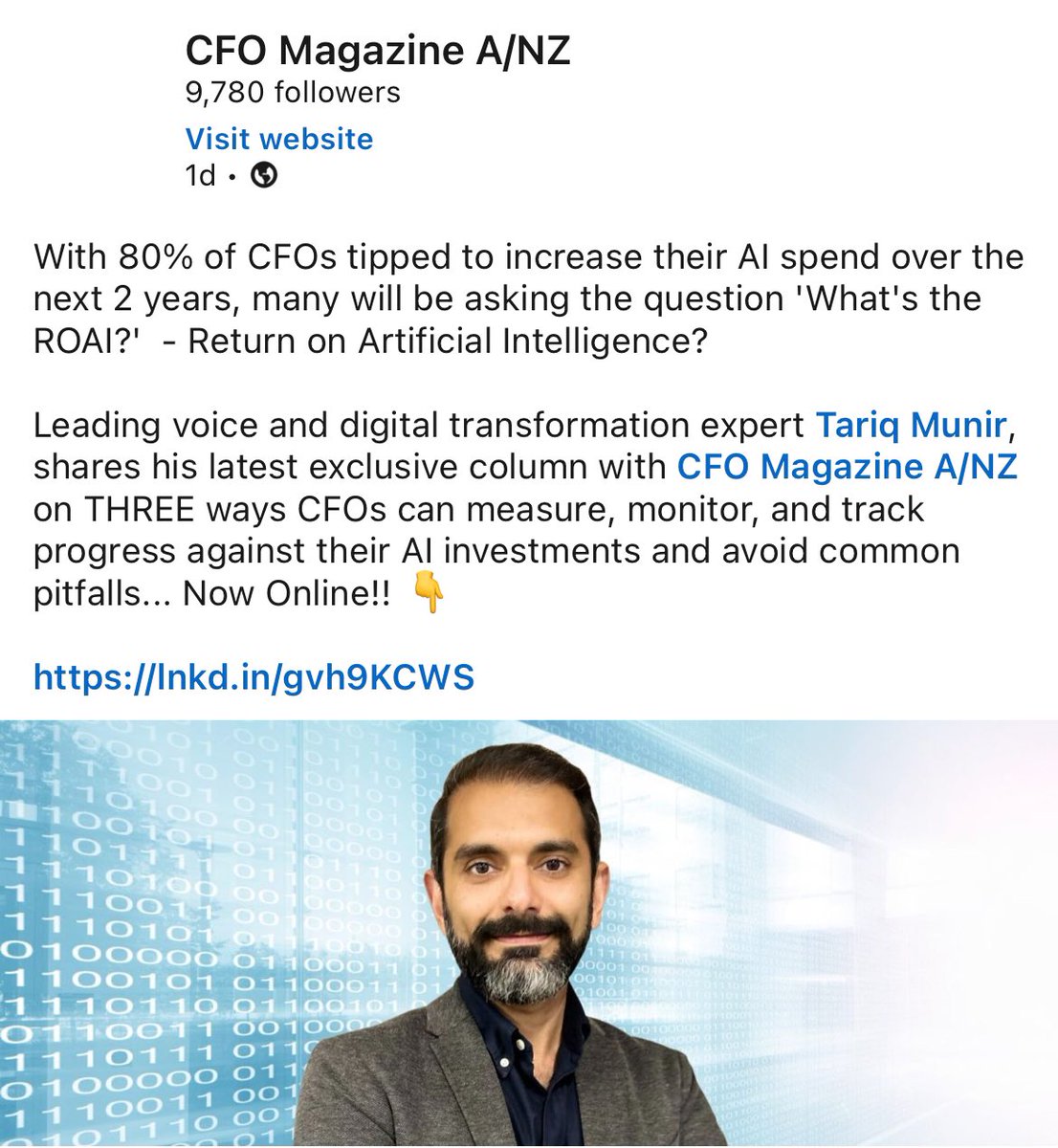 CFOs often ask about ROI, but the question is now shifting to “What’s the ROAI?” Return on Artificial Intelligence - Top Voice and digital transformation expert Tariq Munir shares his latest exclusive column with CFOMagazine.com.au &gt; Now online!