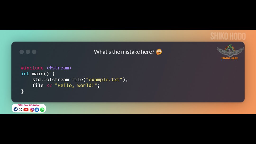 mahojase's tweet image. 🚨 What’s the Missing Part in This File Handling Code?
.
.
.
#FileHandling #CPlusPlus #ProgrammingBasics #DataPersistence #CodeWithCPP #LearnCPP #FileIO #DevLife #CodingTips #InputOutput