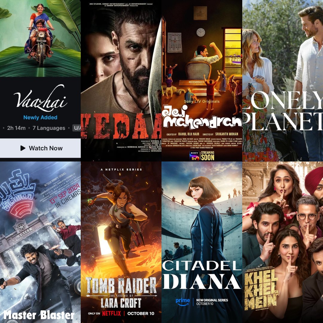 master2blaster2's tweet photo. Movies and series released in OTT Today  🎞️ #MBMS

🎬Vaazhai(Multi-Language) - Disney+ Hotstar
🎬Vedaa(Multi-Language) - ZEE5
🎬Jai Mahendran(Malayalam) -SonyLiv
🎬Mathu Vadalara 2(Telugu) - Netflix
🎬Khel Khel Mein(Hindi) - Netflix
🎬Lonely Planet(English) - Netflix
🎬Tomb Raider The Legend of Lara Croft - 8 Episodes - Netflix
🎬Citadel Diana(Multi-Language) - 6 Episodes - Prime

HD Available
