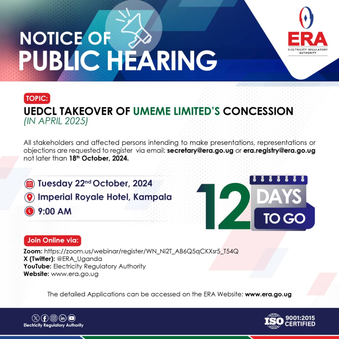 #StatutoryNotice
<a href="/GovUganda/">Government of Uganda</a> <a href="/Parliament_Ug/">Parliament of Uganda</a> <a href="/AnitahAmong/">Anita Annet Among</a> <a href="/Thomas_Tayebwa/">Thomas Tayebwa</a> <a href="/OPMUganda/">Office of the Prime Minister - Uganda</a>  <a href="/MEMD_Uganda/">Ministry of Energy & Mineral Development</a> <a href="/NankabirwaRS/">Ruth Nankabirwa Ssentamu</a> <a href="/HonOkaasai/">Hon Okaasai Opolot- MINISTER OF STATE FOR ENERGY</a> <a href="/PNyamutoro/">Phiona Nyamutoro</a> <a href="/irenebateebe/">Irene Bateebe</a> <a href="/UmemeLtd/">Umeme Limited</a> <a href="/UEDCLTD/">Uganda Electricity Distribution Company Ltd</a> <a href="/UegclOfficial/">UEGCL</a> <a href="/uetcl/">UETCL</a> <a href="/UgandaMediaCent/">Uganda Media Centre</a> <a href="/DailyMonitor/">Daily Monitor</a> <a href="/newvisionwire/">The New Vision</a> <a href="/ntvuganda/">NTV UGANDA</a> <a href="/bbstvug/">BBS TEREFAYINA</a> <a href="/933kfm/">933 KFM</a> <a href="/CapitalFMUganda/">Capital FM Uganda</a>