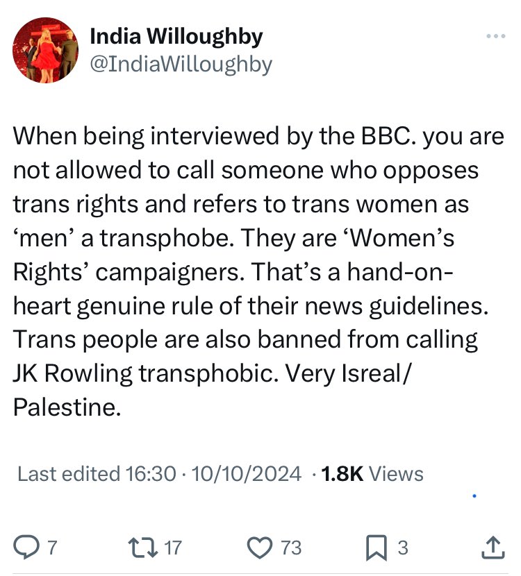 Women like me don't oppose trans rights, <a href="/IndiaWilloughby/">India Willoughby</a>. Trans people in the UK have the same rights as everyone else, which I fully support.

What I oppose is trans-identified men like yourself trying to remove rights from women and girls.