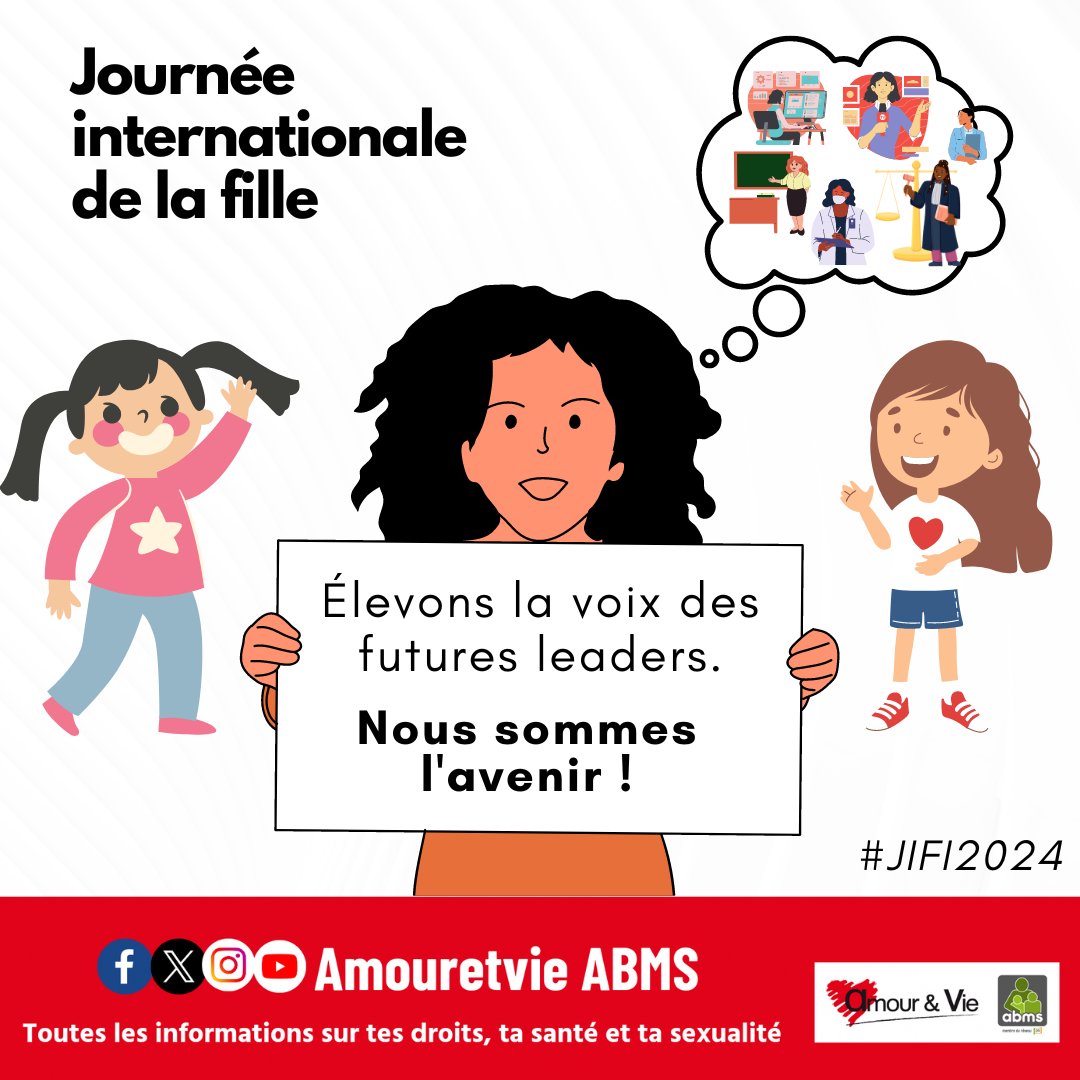 Nous célébrons la Journée Internationale de la Fille 👧 #JIFi2024
Chaque fille a un potentiel immense qui mérite de notre part un engagement à promouvoir l'égalité des chances pour toutes les filles, sans exception ;

#JournéeDeLaFille
#EducationSexuelle 
#amouretvieabms
#ABMS