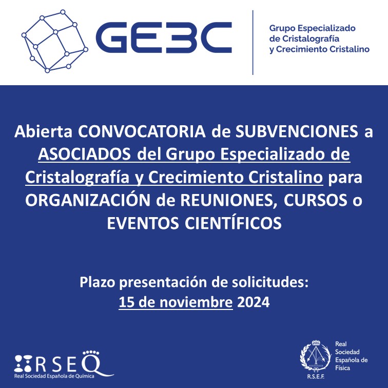 📢El grupo de Cristalografía y Crecimiento Cristalino #GE3C de las <a href="/RSEQUIMICA/">RSEQ</a>  y <a href="/RSEF_ESP/">RSEF</a>  ofrece ayudas económicas a sus asociados para organizar reuniones, cursos o eventos científicos sobre temáticas relacionadas con la Cristalografía durante 2025!
ge3c.rseq.org/convocatoria-a…
