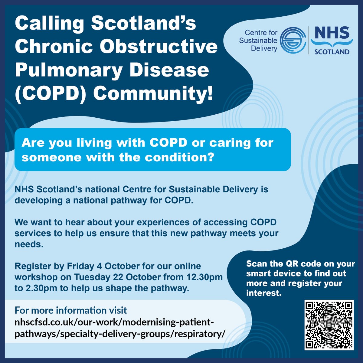 Get your voice heard! 🙋

Are you living with severe asthma or COPD or are caring for someone with the condition?    

NHS Scotland's National Centre for Sustainable Delivery wants to hear from you!     

**Registration for the workshops is still open**   

Find out more: