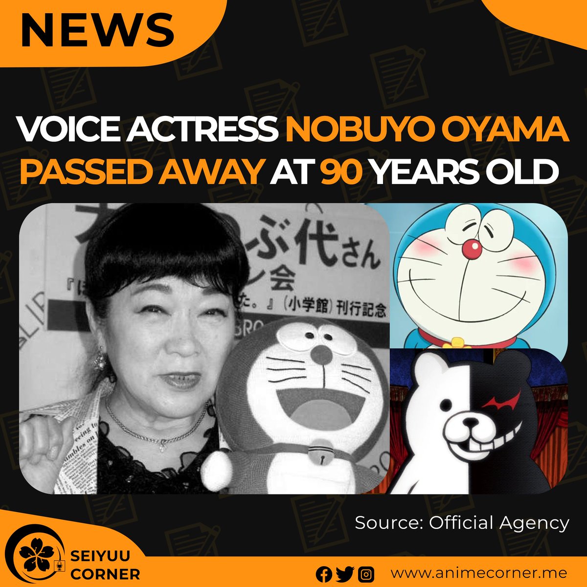 seiyuucorner's tweet image. Voice actress Nobuyo Oyama, known for voicing Doraemon and Monokuma, has passed away at 90 years old due to old age.