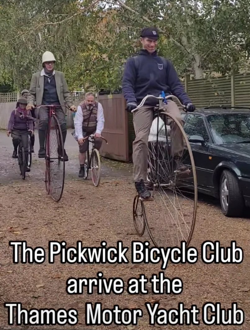 💖 Penny Farthings, amongst a treasured collection of classic bicycles with members of the Pickwick Bicycle Club. Cycling in Hampton &amp; Bushy Park before meeting at the TMYC for lunch
@tmyc.org.uk #tmycthames #thamesmotoryachtclub 
#pickwickbicycleclub #pennyfarthing