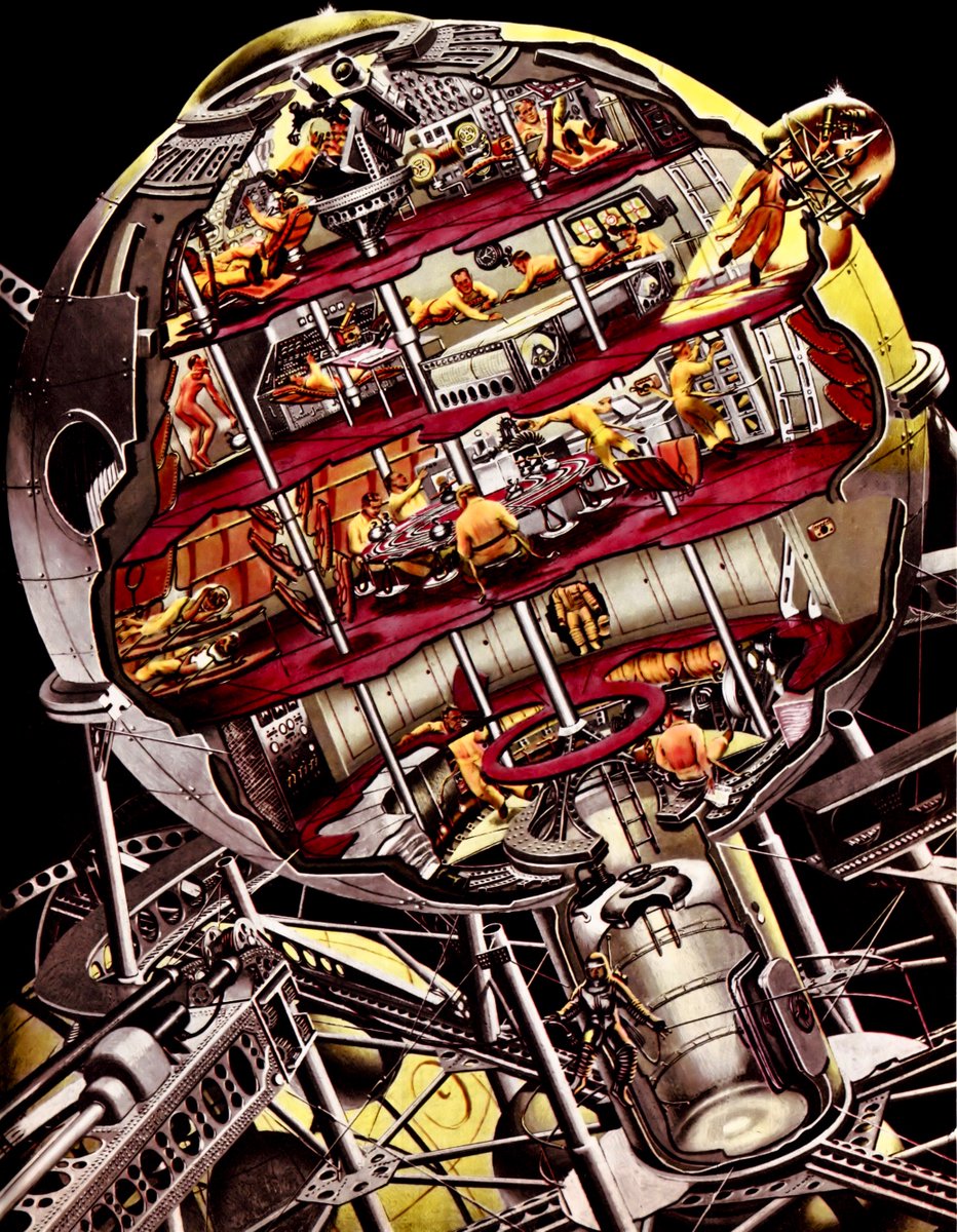 LRonLacy's tweet photo. Cut-away illustration by Fred Freeman (1907-1988) for Willy Ley’s “Inside the Moon Ship”
(*Collier’s*, October 18, 1952)
#rocketscience #WillyLey #WernherVonBraun #lunarlander #spacetravel #FredFreeman https://t.co/3EH2hFKPk6