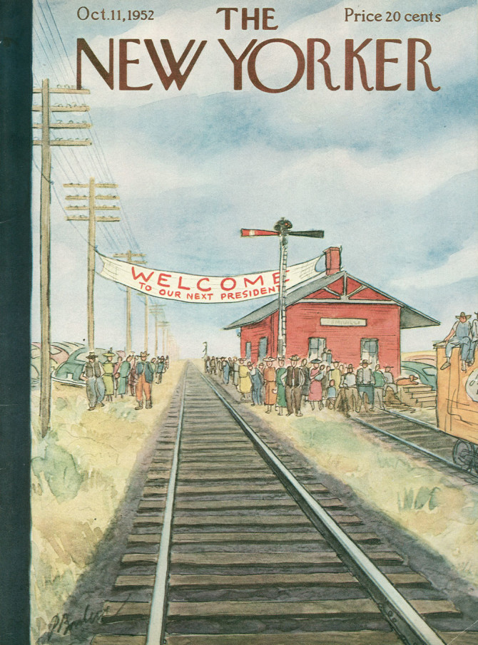 LRonLacy's tweet photo. #OTD in 1952
(whistle-stop)
Cover of The New Yorker, October 11, 1952
Perry Barlow
#TheNewYorkerCover #PerryBarlow #elections #campaign #whistlestop #railroad #trainstation https://t.co/pZGhmYe9b6