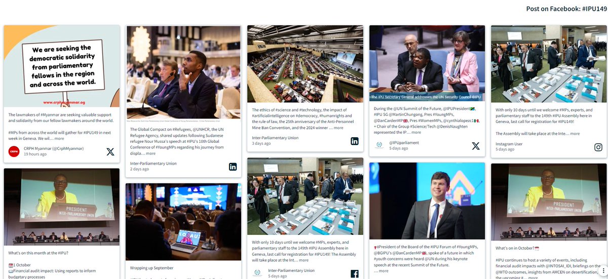 Attending the 149th #IPU Assembly this week in Geneva🇨🇭?

Share your experience with us by adding #IPU149 to your social posts for a chance to be featured on our social media wall, broadcasting live throughout the Assembly!

➡️my.walls.io/IPU