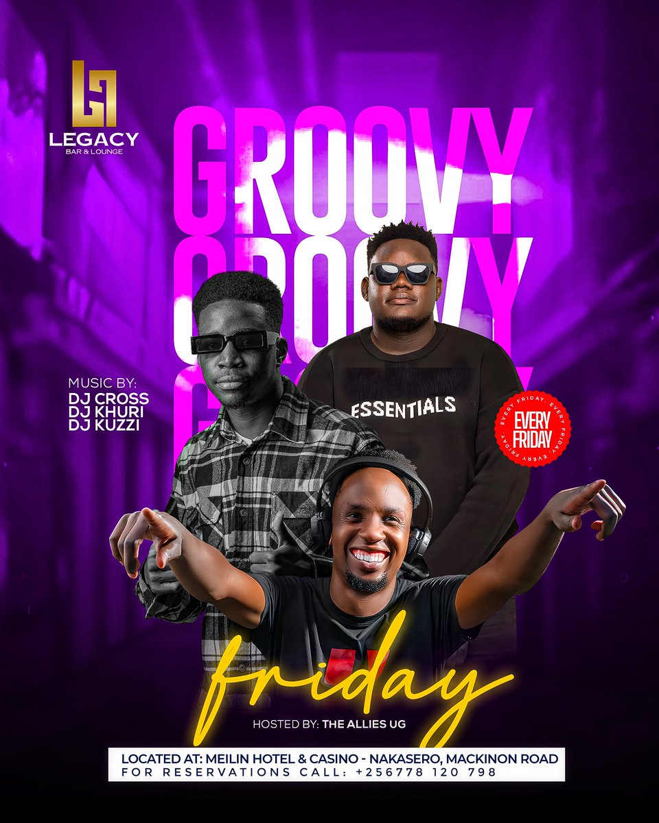 LegacyBarLounge's tweet photo. Phew 🙂‍↔️ Even the longest of weeks come to an end 🚨

You are in the good company of @deejaykuzzi @Djcross256 and @dj_khurk tonight being GROOVY FRIDAY at #LegacyBarAndLounge.

Find us on Meilin International Hotel [LV3] Mackinnon Rd, Nakasero.

For Reservations 📞 0783332815 https://t.co/cXGPLmbk0y
