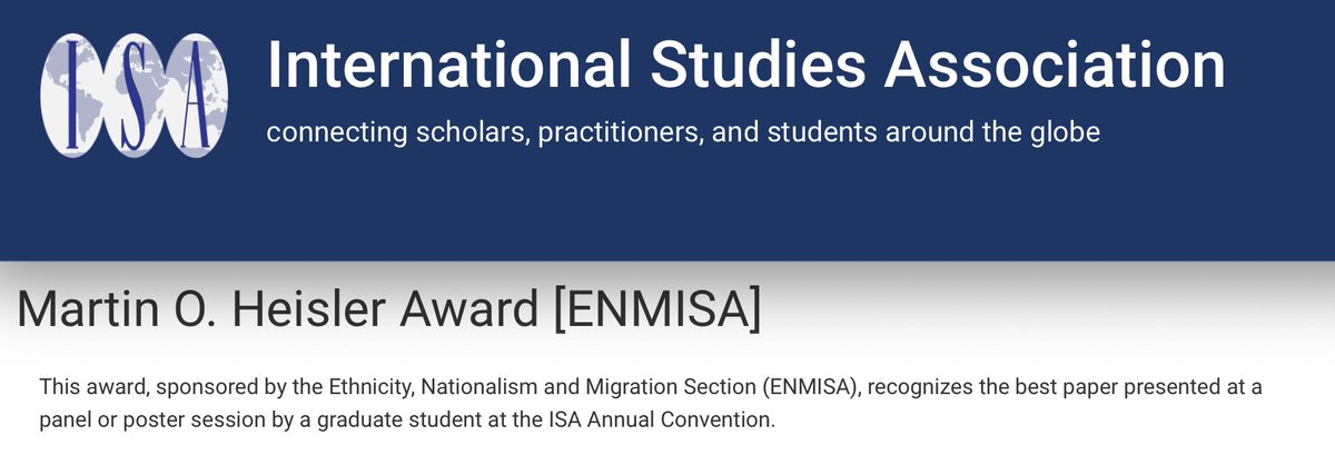 ENMISA (@_enmisa) on Twitter photo 🚨 Award Deadline Extended! 🚨
The new deadline for our 2024 Martin O. Heisler Award: 20 October! The award is open to all graduate students who presented at the 2023 @ISAnet convention.
For details, contact Dr Corey Robinson (<a href="/BordersOrders/">Corey Robinson</a>) or visit isanet.org/programs/award… 🚨 Award Deadline Extended! 🚨
The new deadline for our 2024 Martin O. Heisler Award: 20 October! The award is open to all graduate students who presented at the 2023 @ISAnet convention.
For details, contact Dr Corey Robinson (<a href="/BordersOrders/">Corey Robinson</a>) or visit isanet.org/programs/award…