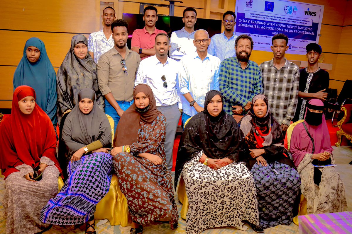 fuad_abdirashid's tweet photo. 20 journalists working in Qardho, Karkar region of Puntland, attended the two-day training provided by the Somali Journalists Association (FESOJ) in cooperation with the Puntland Journalists Association (MAP). https://t.co/6hSCpehHwl
