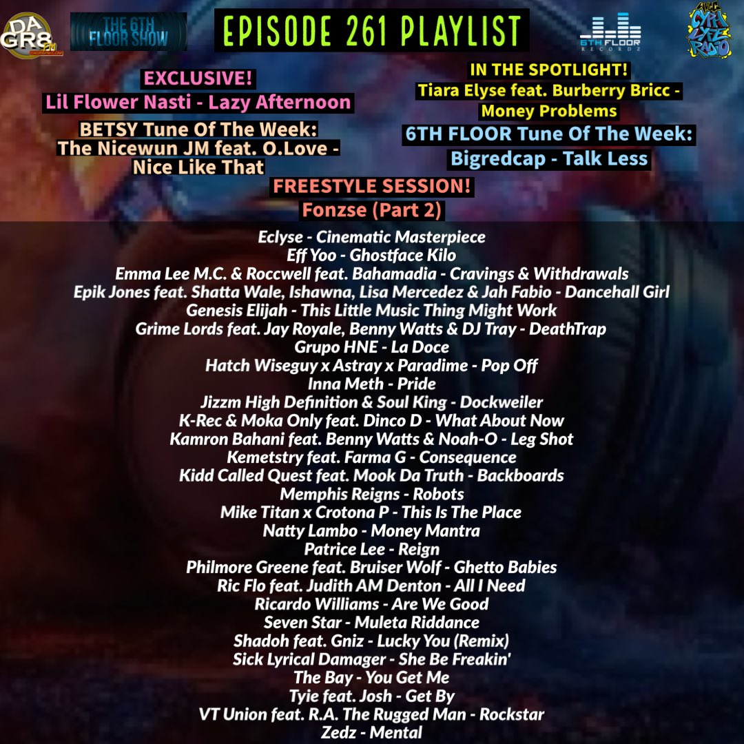 Episode 261 #ComingSoon 15/10/24 #The6thFloorShow

<a href="/PatriceLeeMusic/">Patrice Lee</a> <a href="/PhilmoreGreene/">PHILMORE GREENE</a> <a href="/iamRicardoW/">Ricardo Williams</a> <a href="/Ricflomusic/">Ric Flo State</a> <a href="/MCSevenStar/">Seven Star</a> <a href="/TheRealShxdoh/">Shadoh #KOTN 🏚️🏴󠁧󠁢󠁳󠁣󠁴󠁿</a> <a href="/TheNicewunJM/">The Nicewun JM</a> <a href="/AsianHawk001/">Asian Hawk</a> <a href="/nasteeluvzyou/">nasteeluvzyou.com</a> <a href="/RAtheRuggedMan/">R.A. the Rugged Man</a> <a href="/ZedzMusic/">Zedz</a>