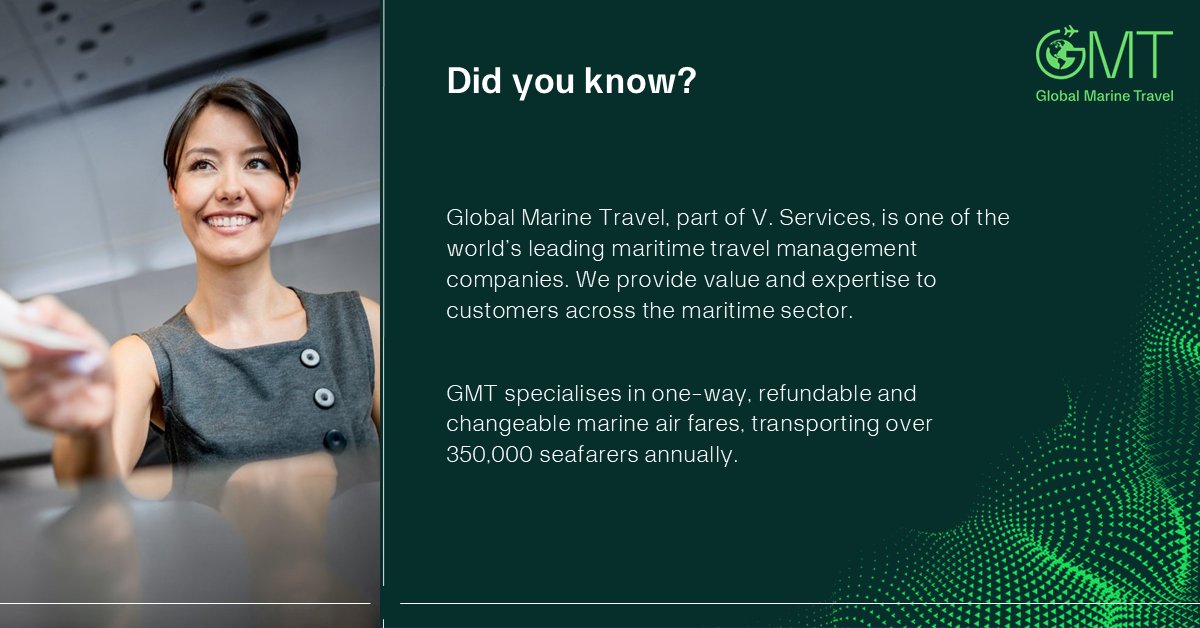 vgroupmaritime's tweet photo. Did you know?
Global Marine Travel, part of V. Services, is one of the world’s leading maritime travel management companies. We provide value and expertise to customers across the maritime sector.
#didyouknow #committedpartner https://t.co/Kx4sIAPERl