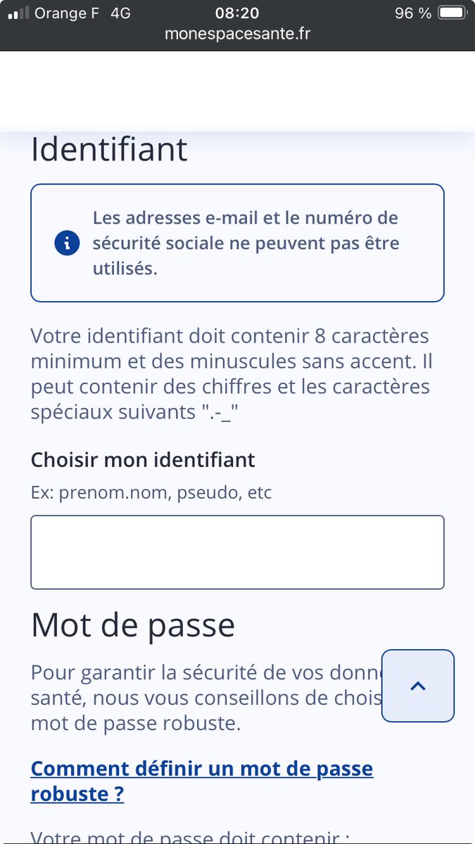 Après la folie des mots de passe impossibles à retenir (ils ont tous des critères différents), remercions #MonEspaceSante d’introduire désormais des contraintes sur les identifiants #EmmerderLesFrancais